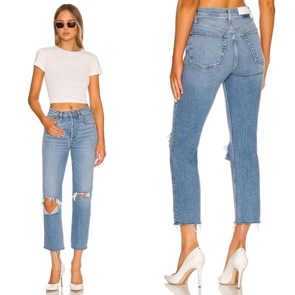 RE/DONE Jeans 70s Stove Pipe High-Rise Distressed Crop Destroyed Dawn 25 NWT - Picture 1 of 8